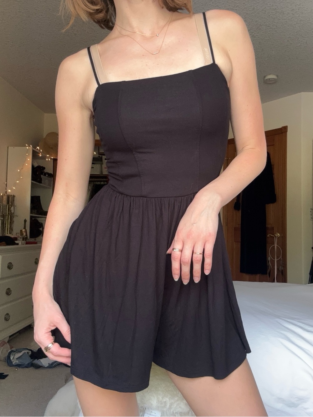 h&m black square neck spaghetti strap short flowy romper